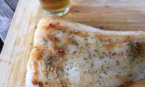 Grilled fresh halibut with apricot glaze