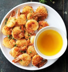 Baked Batter “Fried” Shrimp with Garlic Dipping Sauce