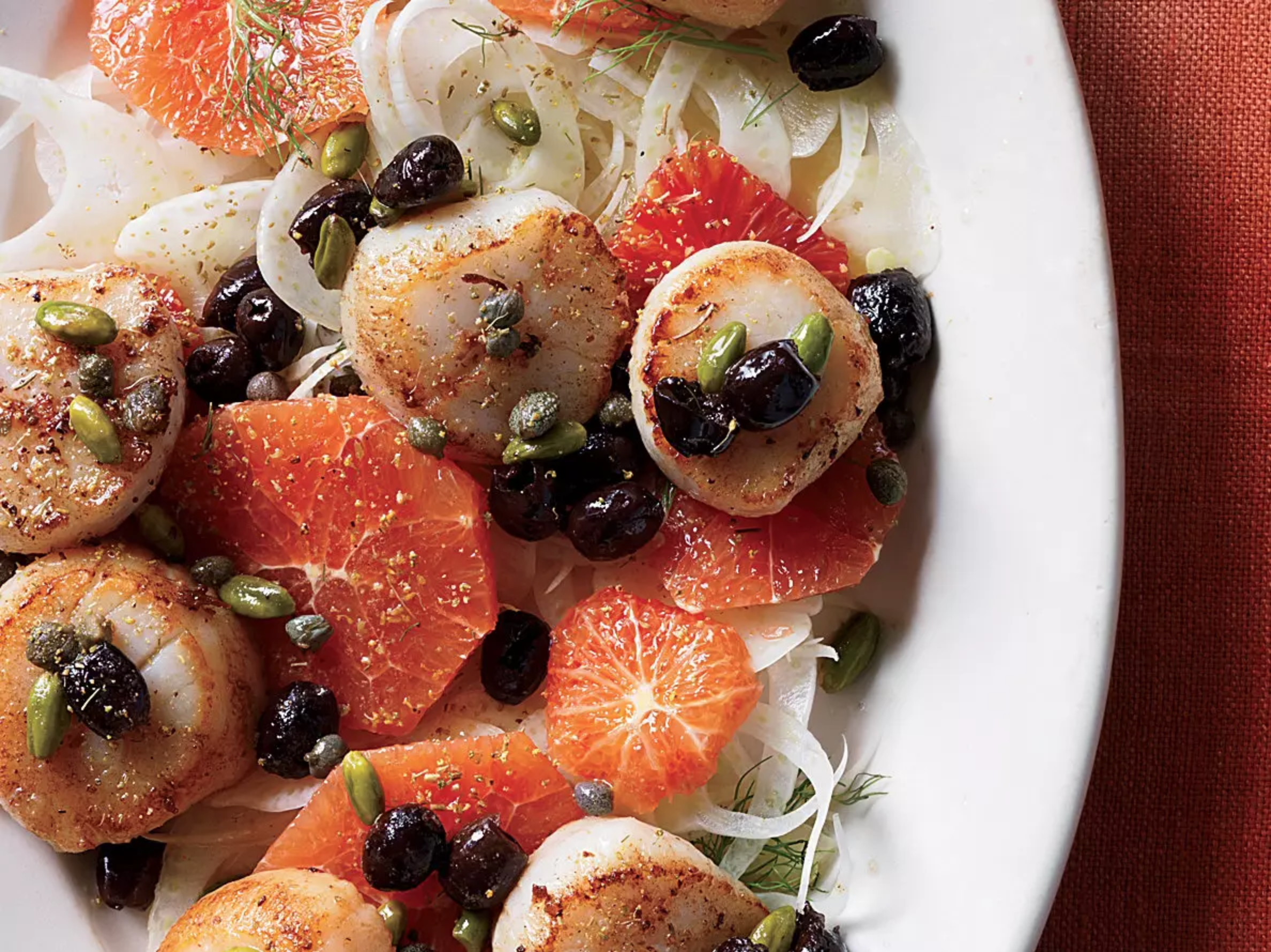 Scallops with Blood Orange, Fennel, and Pistachios