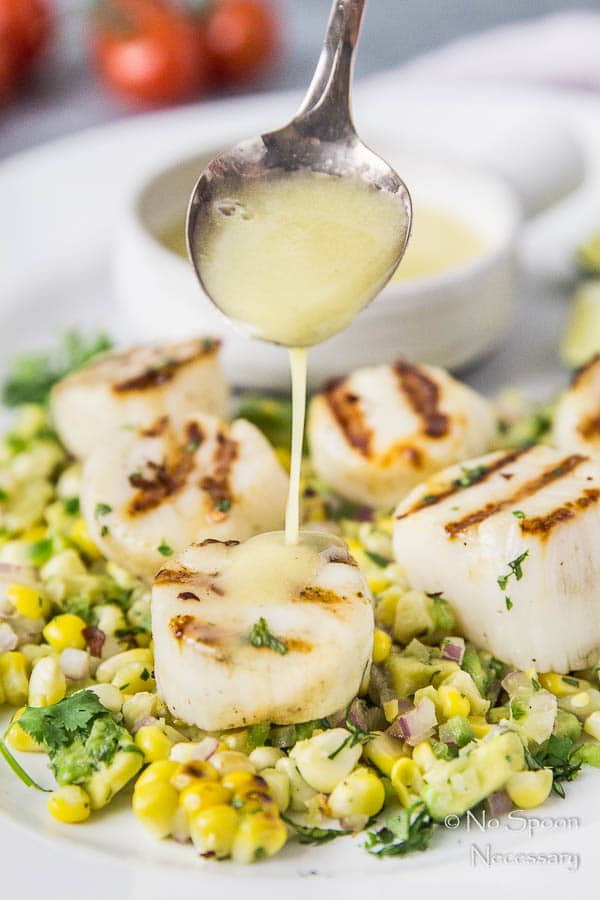 Grilled Scallops with Avocado & Corn Salsa (and Honey-Lime Vinaigrette)